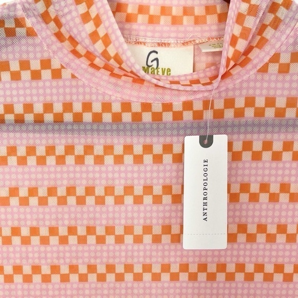 𝅺Anthropologie Maeve Sheer Mesh Turtleneck Top Orange Geometric Print NWT - Picture 9 of 14